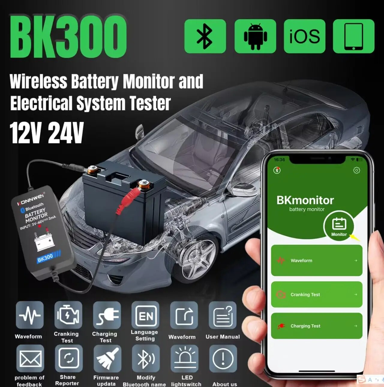 KONNWEI BK300 12V 24V Battery Monitor Wireless Bluetooth Tester Tool LED Display Battery Charging Cranking Test APP Monitoring