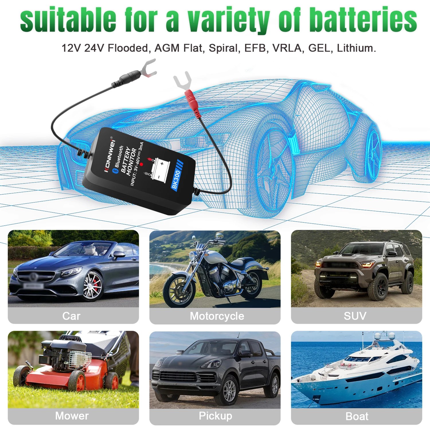 KONNWEI BK300 12V 24V Battery Monitor Wireless Bluetooth Tester Tool LED Display Battery Charging Cranking Test APP Monitoring
