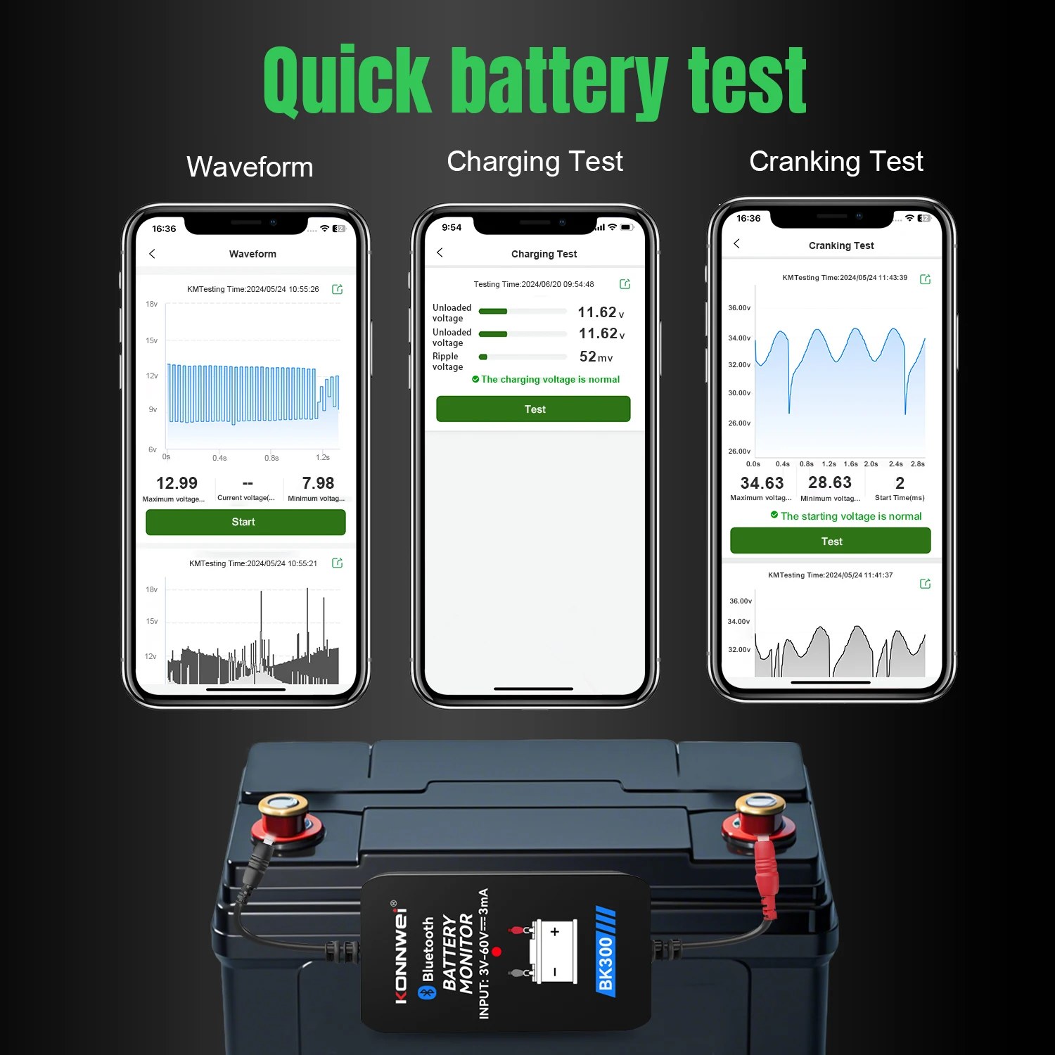 KONNWEI BK300 12V 24V Battery Monitor Wireless Bluetooth Tester Tool LED Display Battery Charging Cranking Test APP Monitoring