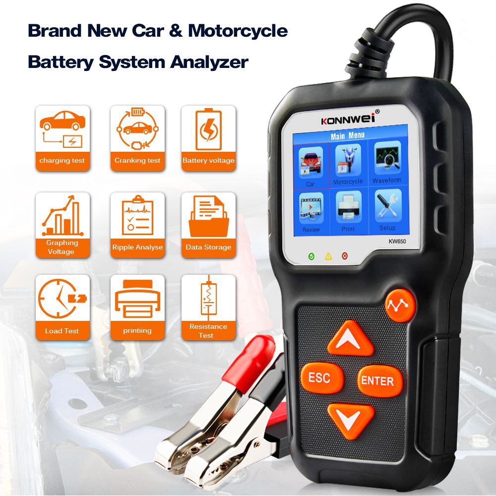 Konnwei kw650 medidor de prueba de batería de motocicleta automotriz 12v 6v analizador de sistema de batería 2000cca herramienta de prueba de arranque de carga automotriz