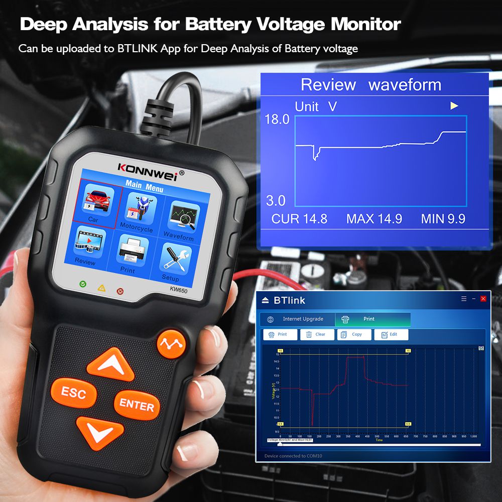 Konnwei kw650 medidor de prueba de batería de motocicleta automotriz 12v 6v analizador de sistema de batería 2000cca herramienta de prueba de arranque de carga automotriz