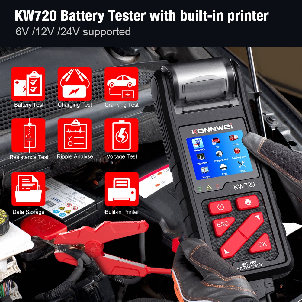 Konnwei kw720 6v / 12v / 24v probador de baterías de camiones de motocicleta, con impresora incorporada analizador de baterías herramienta de prueba de arranque de carga