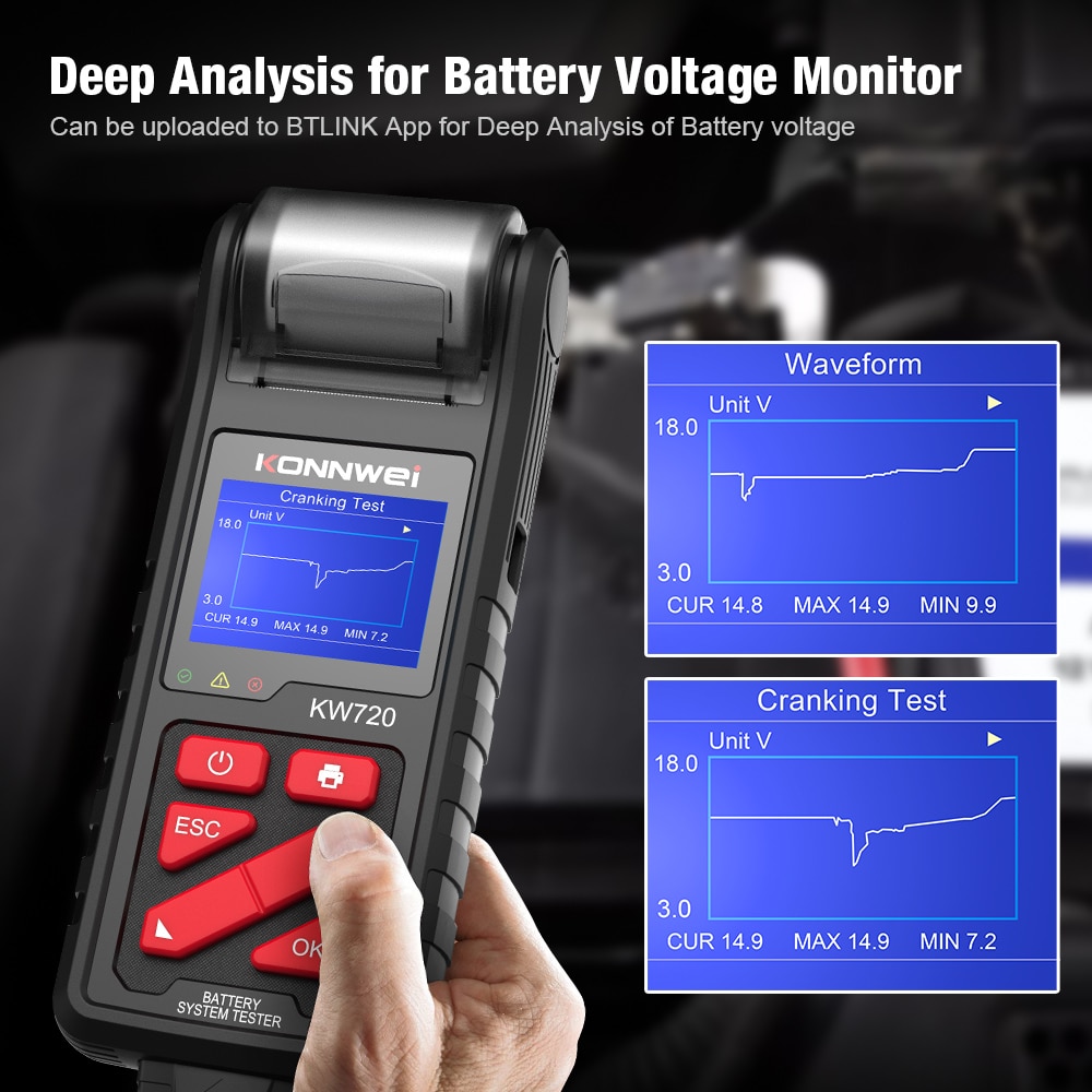 Konnwei kw720 6v / 12v / 24v probador de baterías de camiones de motocicleta, con impresora incorporada analizador de baterías herramienta de prueba de arranque de carga