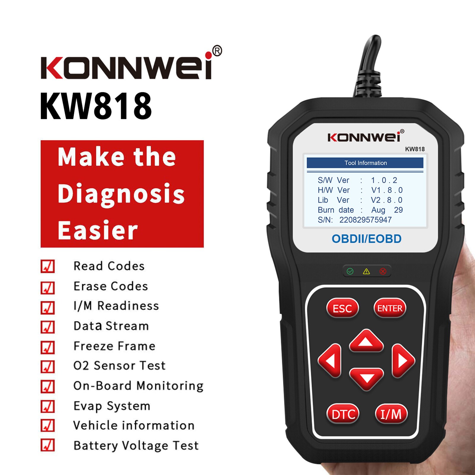 Konnwei kw818 obd2 herramienta de diagnóstico de vehículos de escaneo Código automático lector de baterías probador de baterías para comprobar la actualización Bluetooth del lector de código de falla del motor