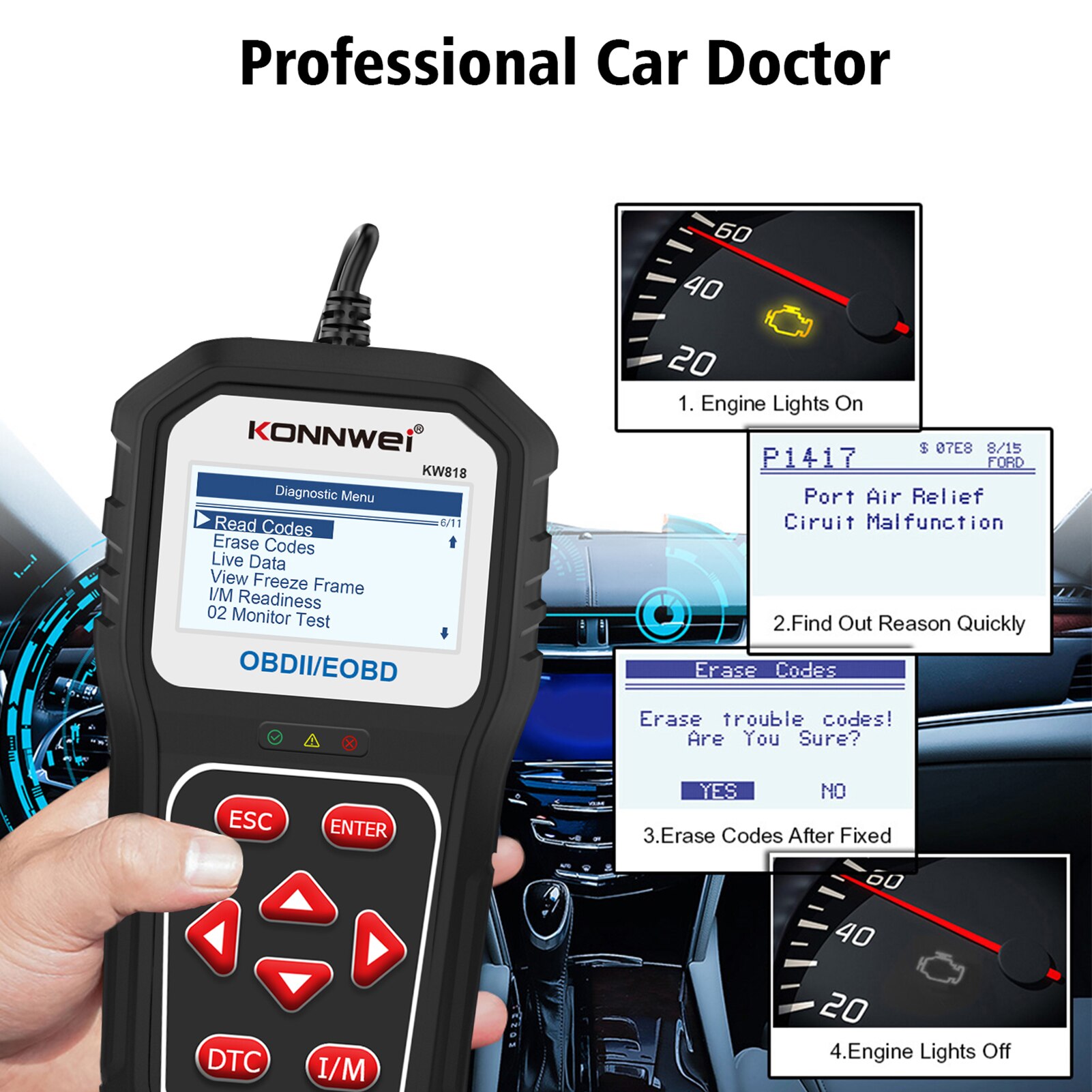 Konnwei kw818 obd2 herramienta de diagnóstico de vehículos de escaneo Código automático lector de baterías probador de baterías para comprobar la actualización Bluetooth del lector de código de falla del motor