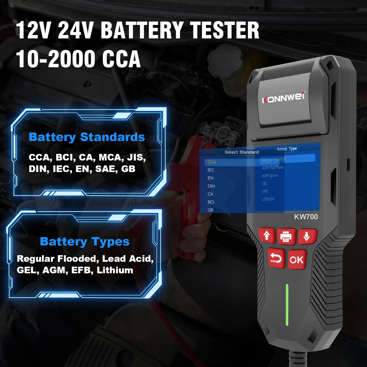 KONNWEI KW700 12V/24V Battery Tester with Printer Support Car Truck and Motorcycle