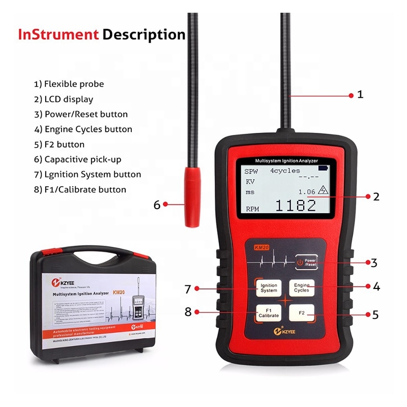 KZYEE KM20 Multi-system Ignition Analyzer Tester Measure RPM Spark Volt Spark Burn Time Car Spark Plug Tester Spark System Check