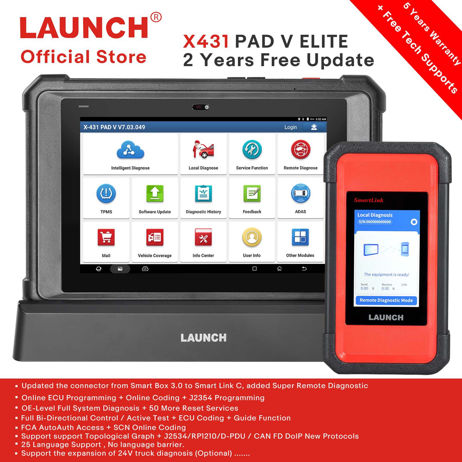  2024 Launch X431 PAD V Elite J2534 Tool With Smartlink C Support ECU/ECM Online Program Topology Map CAN/CANFD/DoIP 60+ Services