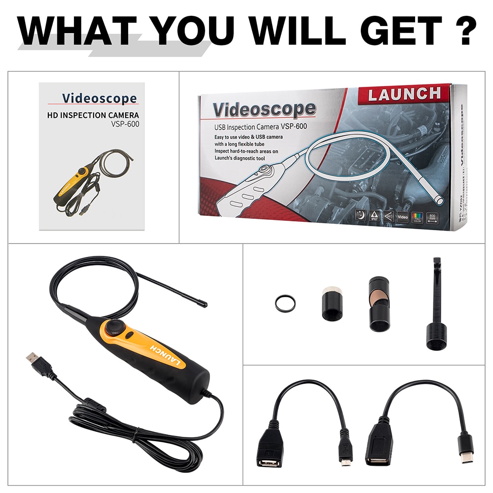 LAUNCH X431 VSP600 VSP-600Kamera Videoskop HD IP67 2M Kabel 6 justierbare LED-Leuchten Mirco USB Typ-C Borescope Video Inspektion