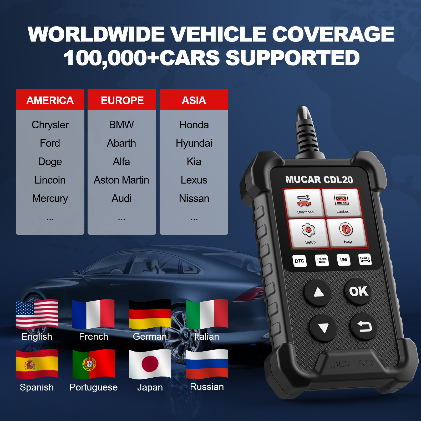 Lector automático de código de avería del motor del escáner mucar cdl20 obd2 eobd can herramienta de diagnóstico de averías para todos los vehículos de protocolo OBD II desde 1996