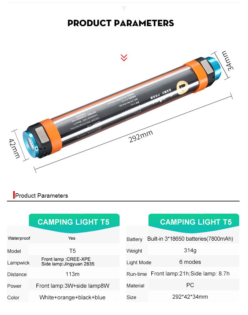 Lámpara de campamento de linterna multifuncional T5 