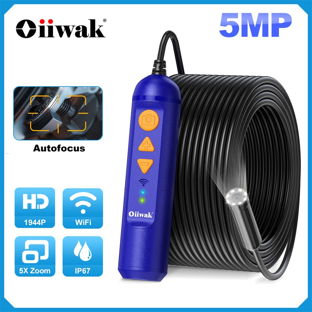 Oiiwak WiFi Endoscope Camera 5MP Auto Focus Wireless Borescope 1944P 14mm Pipe Sewer Plumbing Snake Camera Mini Camera 15m 20m