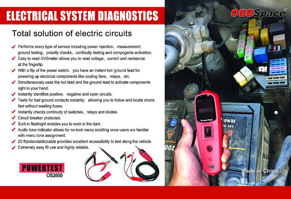 Herramienta de prueba de circuito automotriz obdspace os2600 detector de sistema eléctrico de sonda de potencia