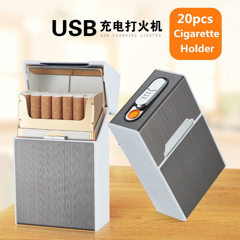 Caja de cigarrillos electrónica portátil usb, con encendedor de cigarrillos 20 estantes de cigarrillos USB para hombres, Gadgets de encendedor de carga