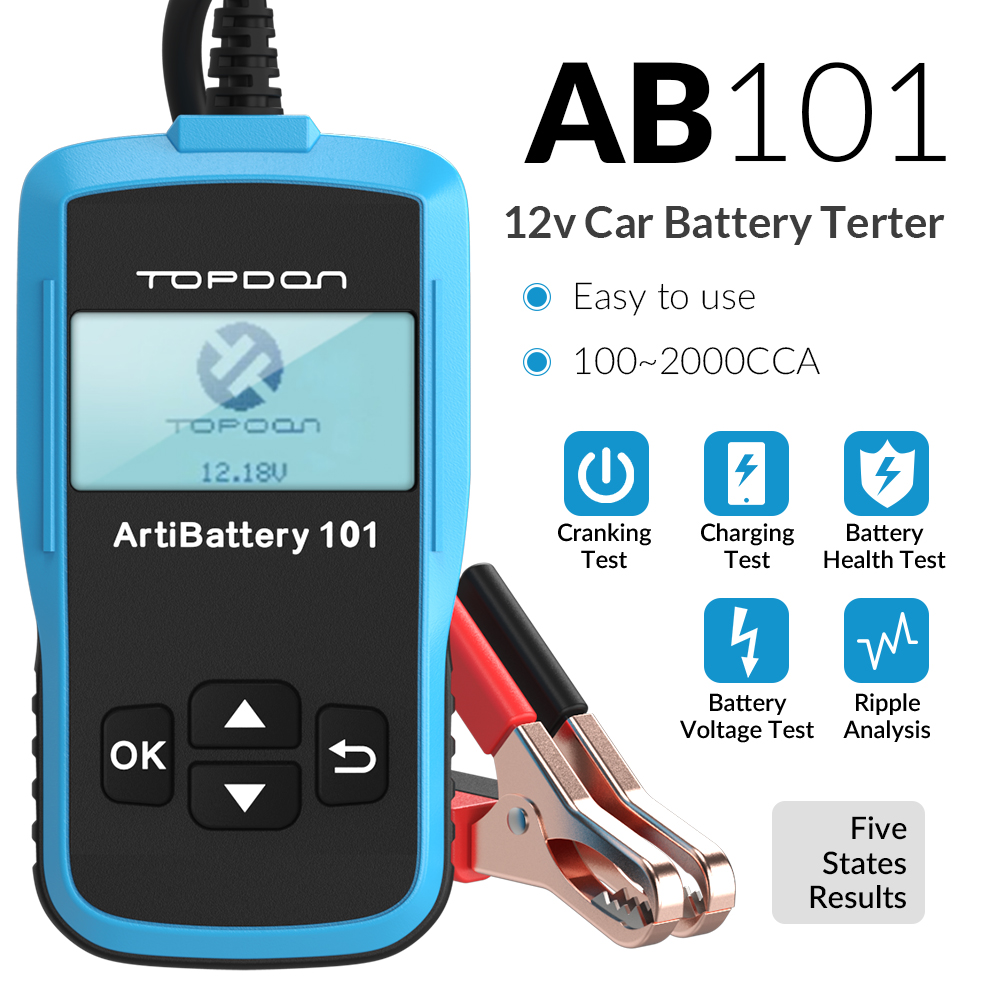 TOPDON AB101 Car Battery Tester 12V Voltage Battery Test Automotive Charger Analyzer 2000CCA Car Cranking Charging Circut Tester