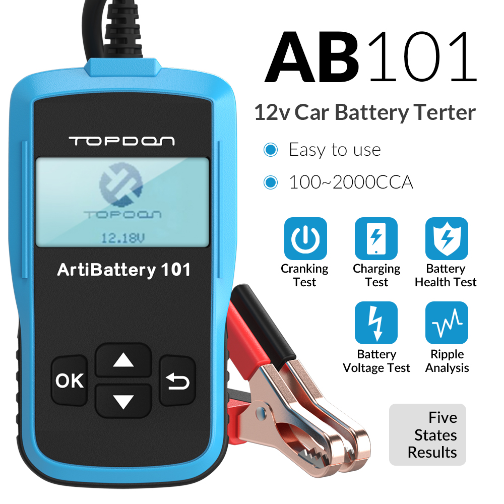 Topcon ab101 probador de baterías automotrices 12v prueba de baterías de voltaje analizador de cargadores automotrices 2000cca probador de circuitos de carga de arranque automotrices