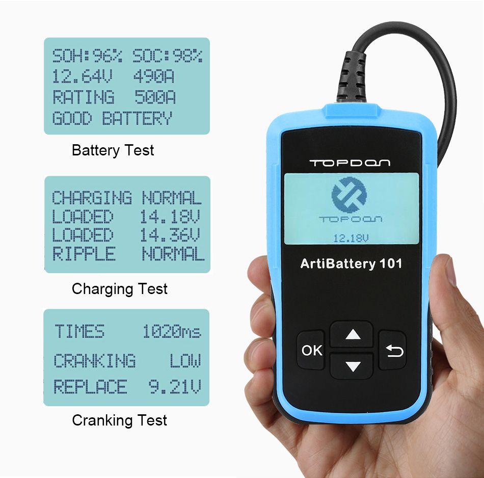 TOPDON AB101 Car Battery Tester 12V Voltage Battery Test Automotive Charger Analyzer 2000CCA Car Cranking Charging Circut Tester