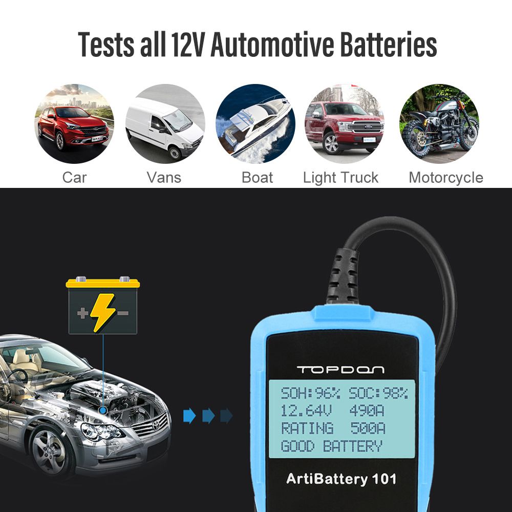 Topcon ab101 probador de baterías automotrices 12v prueba de baterías de voltaje analizador de cargadores automotrices 2000cca probador de circuitos de carga de arranque automotrices