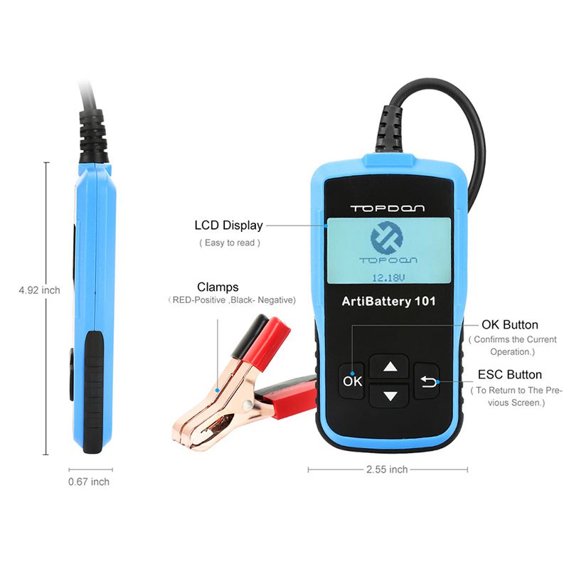 TOPDON AB101 Car Battery Tester 12V Voltage Battery Test Automotive Charger Analyzer 2000CCA Car Cranking Charging Circut Tester