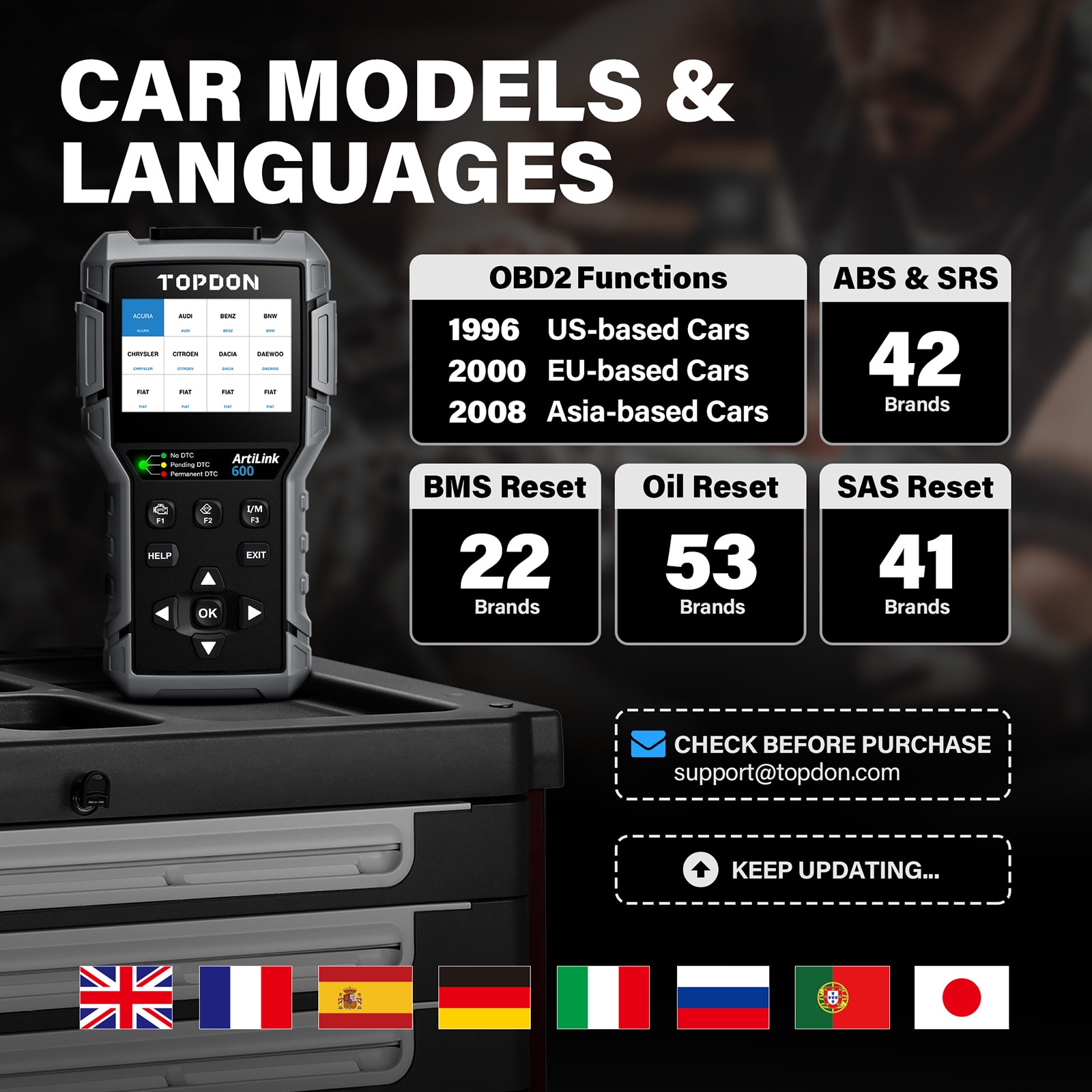 La herramienta de diagnóstico de automóviles topcon artilink600 obd2 actualiza de forma gratuita de por vida el escáner automático de prueba del motor ABS SRS para el diagnóstico de escaneo de automóviles