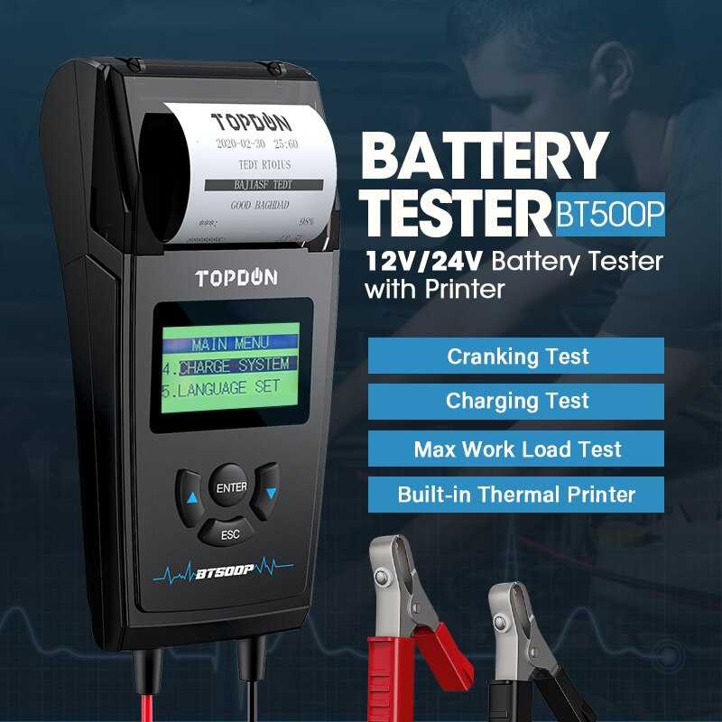 TOPDON BT500P 12V 24V Car Battery Tester with Printer Battery Load Test for Motorcycle Auto Charging Cranking Battery Analyzer