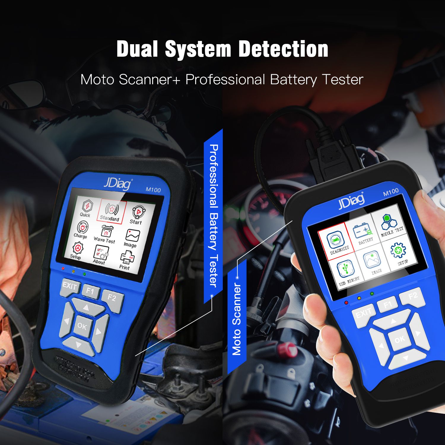 JDiag M100 Universal Motorcycle Scan Tool + 12V Battery Tester Dual System Moto Scan Tool For Kawasaki  Honda  Yamaha