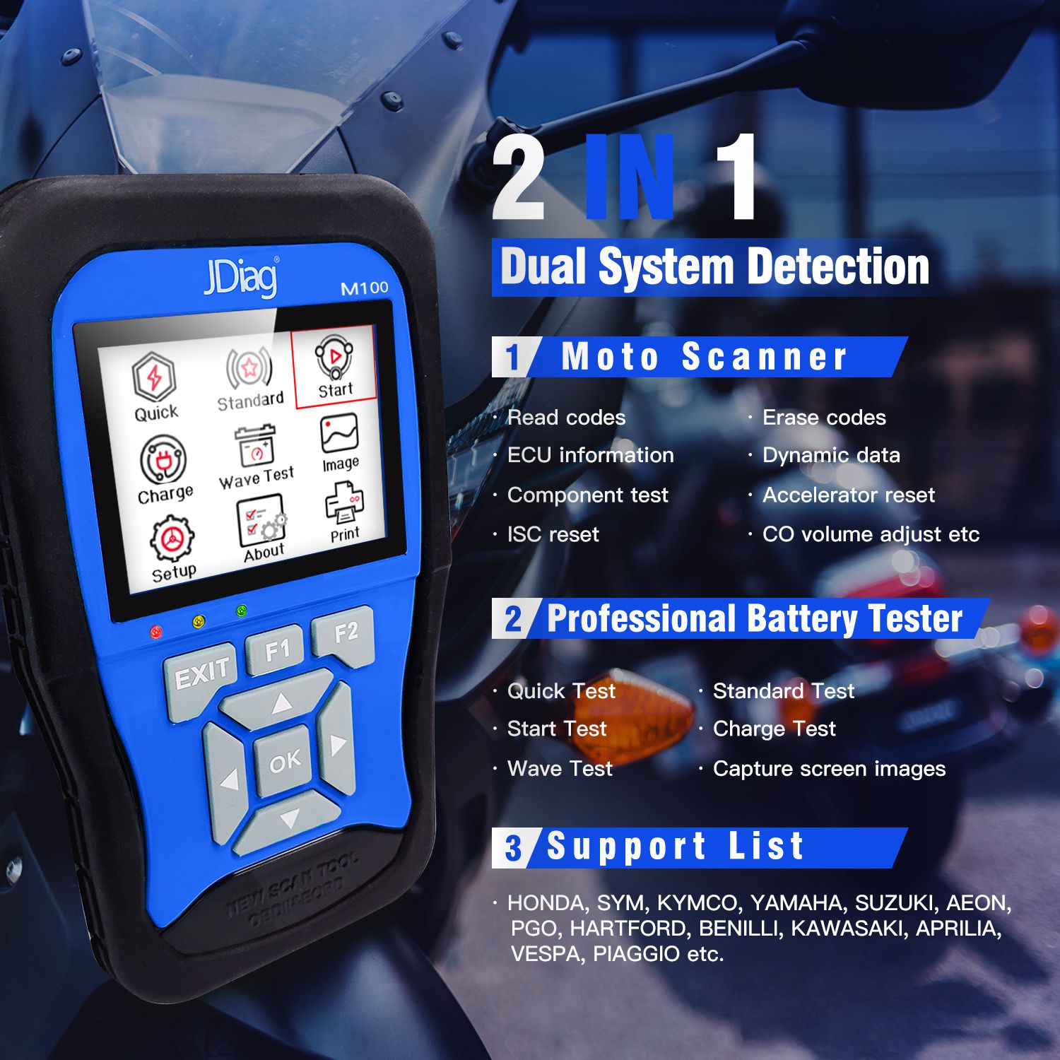 Jdiag m100 Universal Motor Fault Diagnosis Machine + 12v Battery Test Machine Double System moto Fault Diagnosis Machine adecuado para Yamaha Kawasaki honda