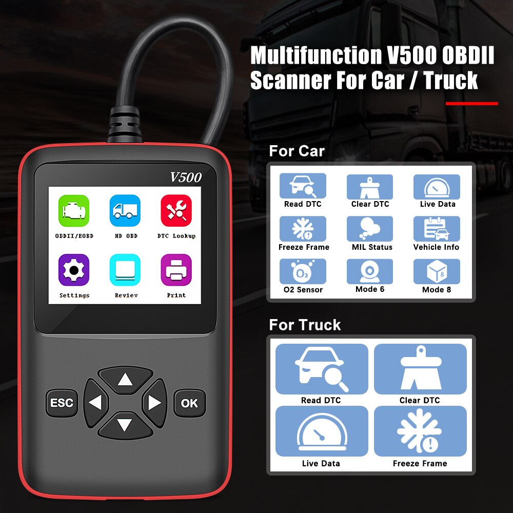 12V/24V V500 OBD2 Engine J1939 J1587 J1708 Code Reader CR-HD Heavy Duty Truck and Car Scanner