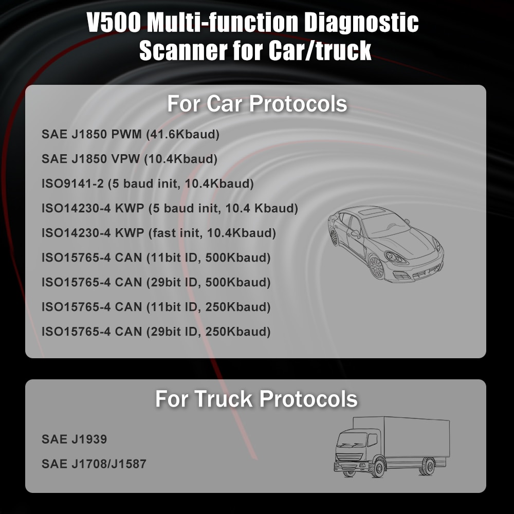 12V/24V V500 OBD2 Engine J1939 J1587 J1708 Code Reader CR-HD Heavy Duty Truck and Car Scanner