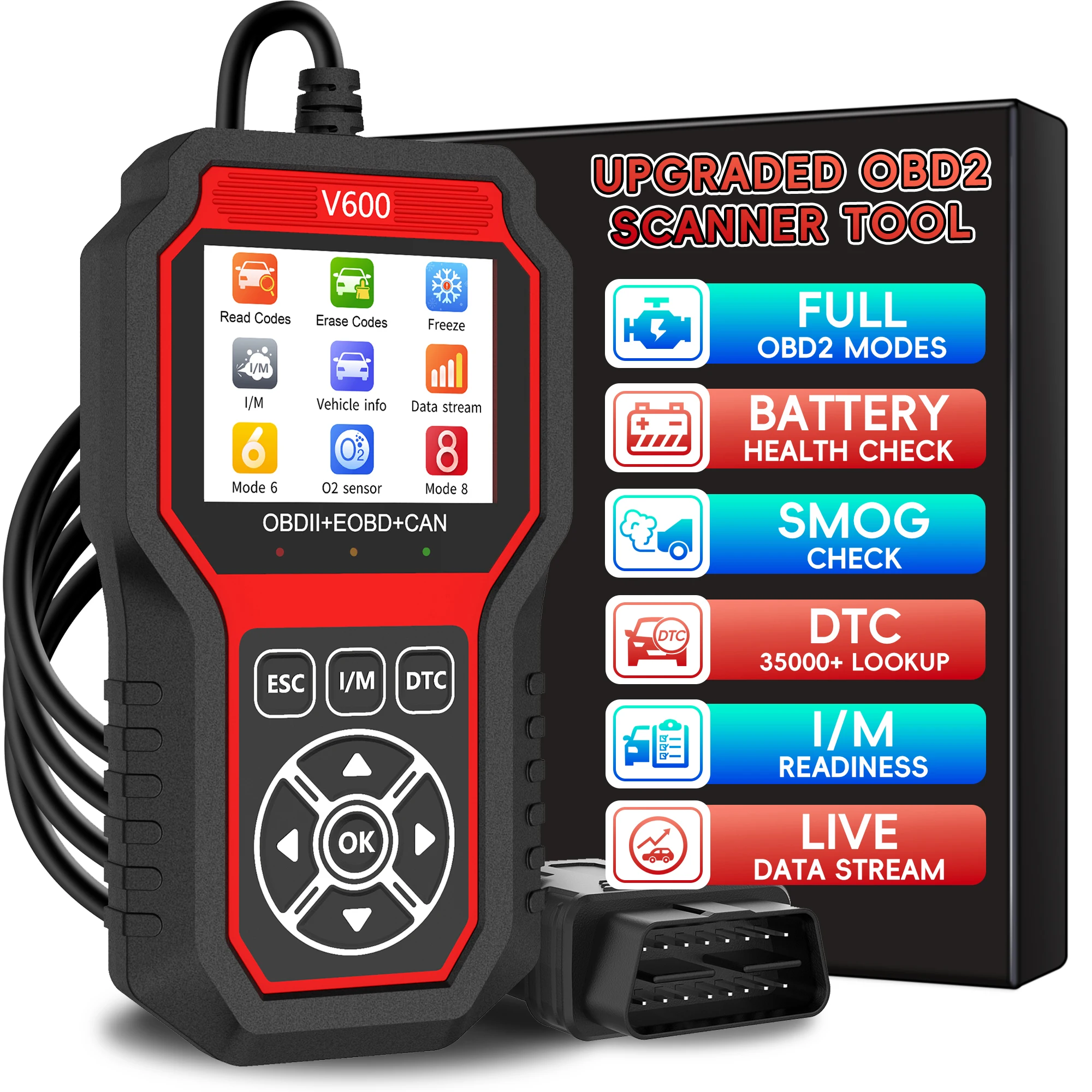 V600 DTC Lookup Fault Code Car Diagnostic Tool Professional Battery voltage detection Diagnostic Oxygen Sensor Test OBD2 Scanner