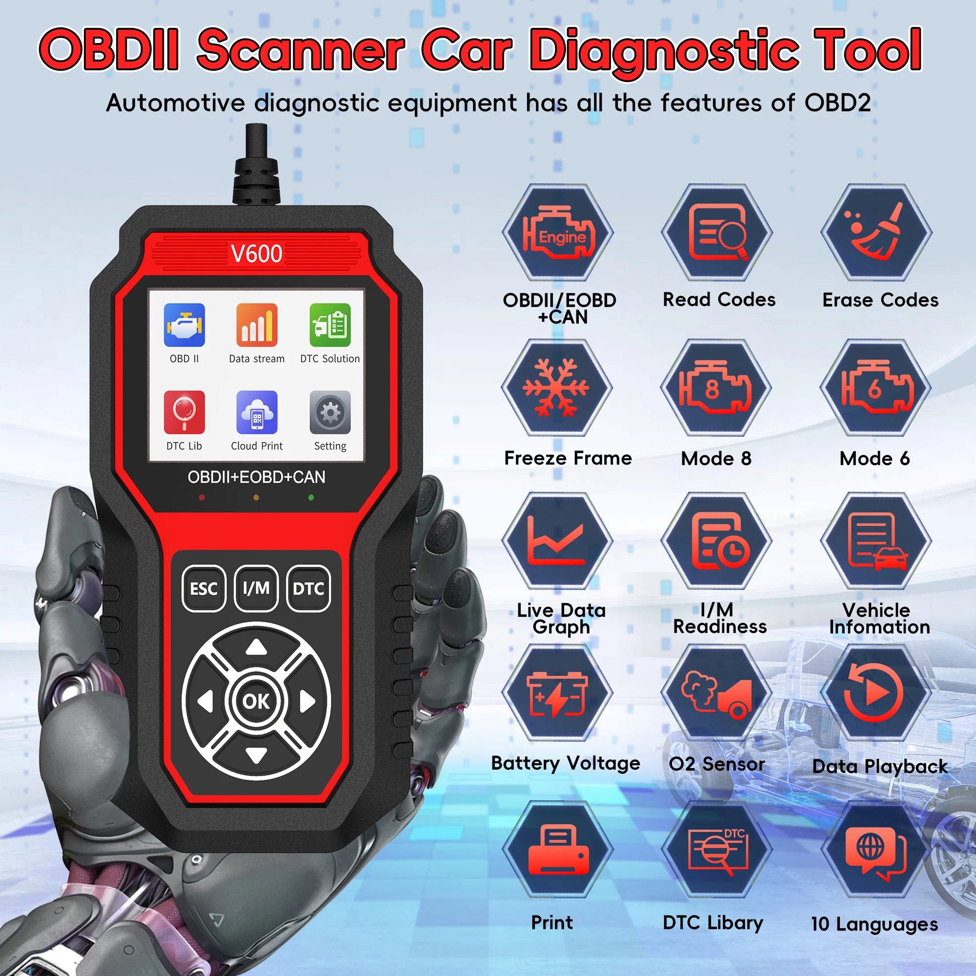 V600 DTC Lookup Fault Code Car Diagnostic Tool Professional Battery voltage detection Diagnostic Oxygen Sensor Test OBD2 Scanner
