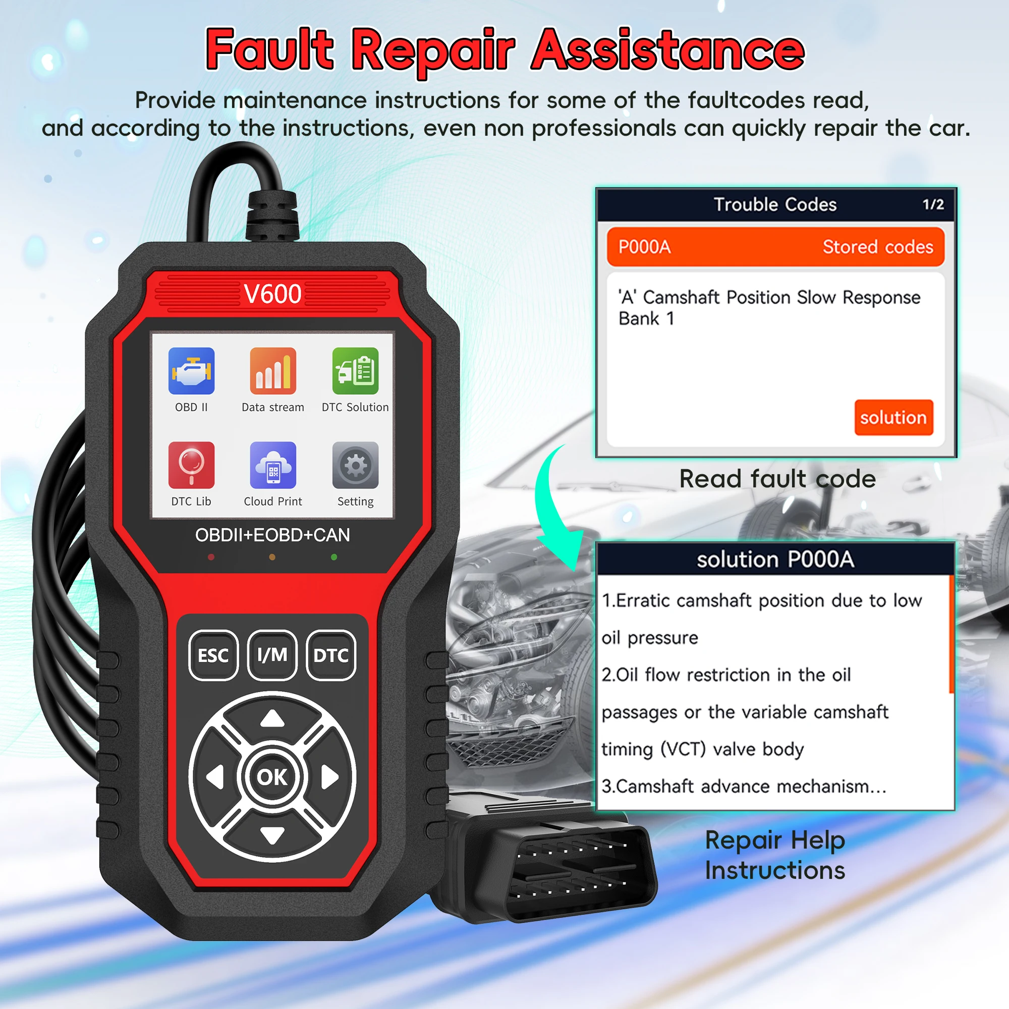 V600 DTC Lookup Fault Code Car Diagnostic Tool Professional Battery voltage detection Diagnostic Oxygen Sensor Test OBD2 Scanner