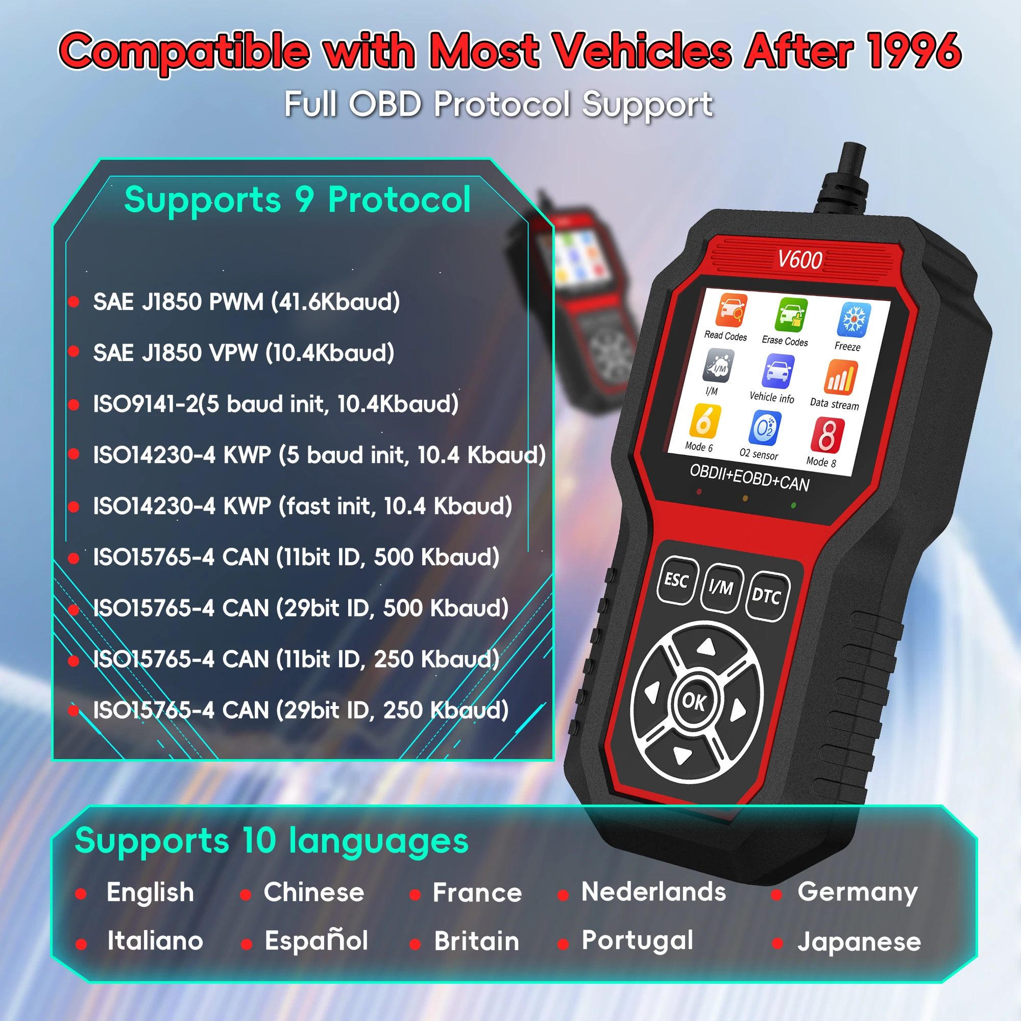 V600 DTC Lookup Fault Code Car Diagnostic Tool Professional Battery voltage detection Diagnostic Oxygen Sensor Test OBD2 Scanner