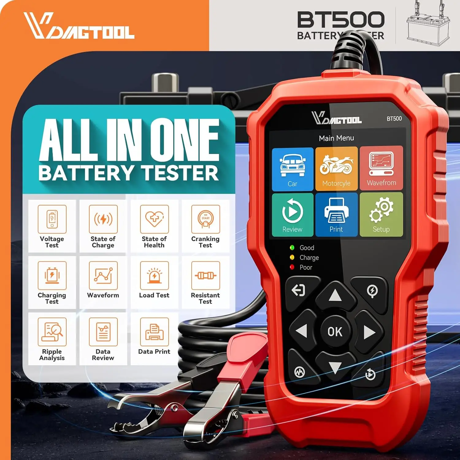 VDIAGTOOL BT500 6V/12V/24V Car Battery Tester 5-3000 CCA Automotive Motorcycle Truck Cranking Charging Scanner Tools