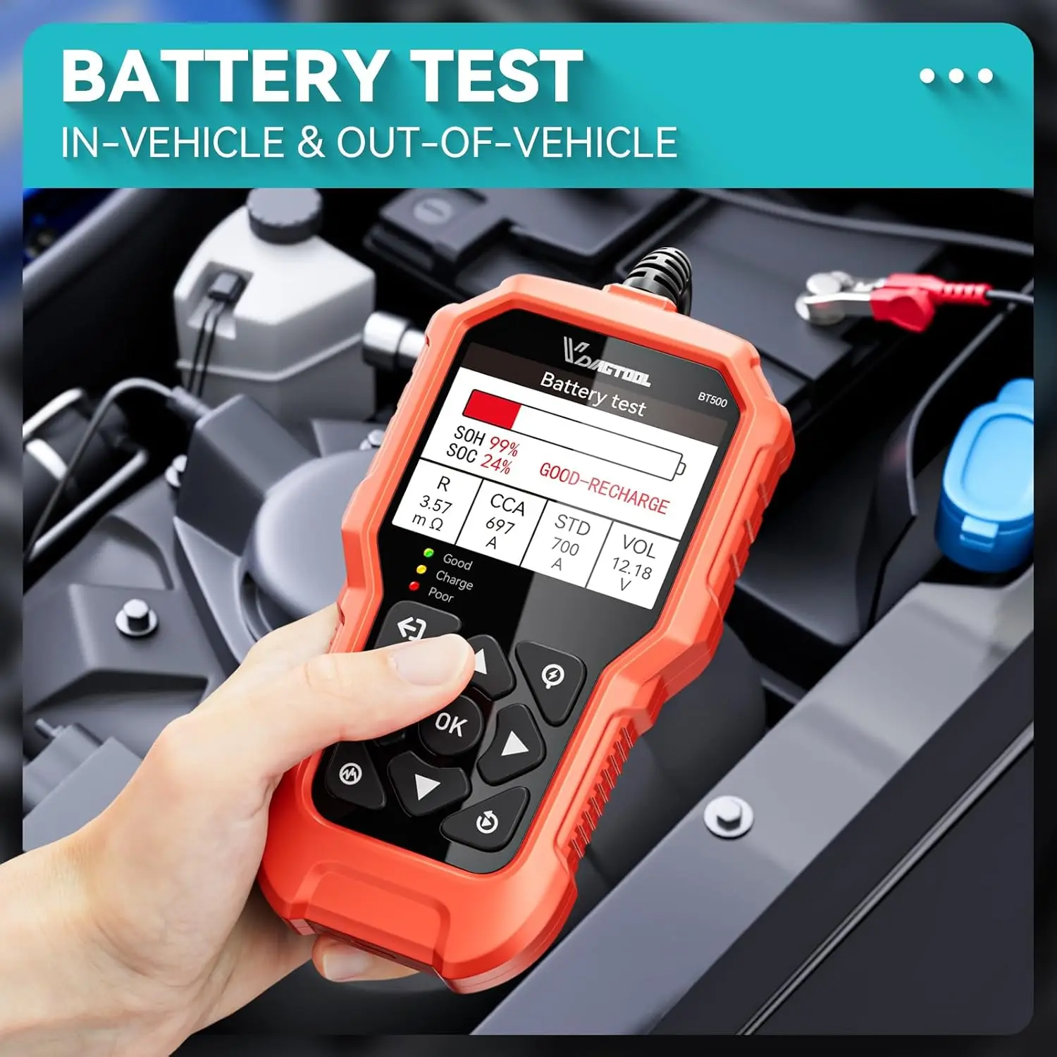 VDIAGTOOL BT500 6V/12V/24V Car Battery Tester 5-3000 CCA Automotive Motorcycle Truck Cranking Charging Scanner Tools
