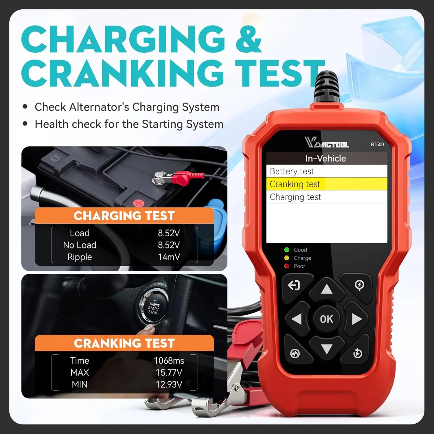 VDIAGTOOL BT500 6V/12V/24V Car Battery Tester 5-3000 CCA Automotive Motorcycle Truck Cranking Charging Scanner Tools