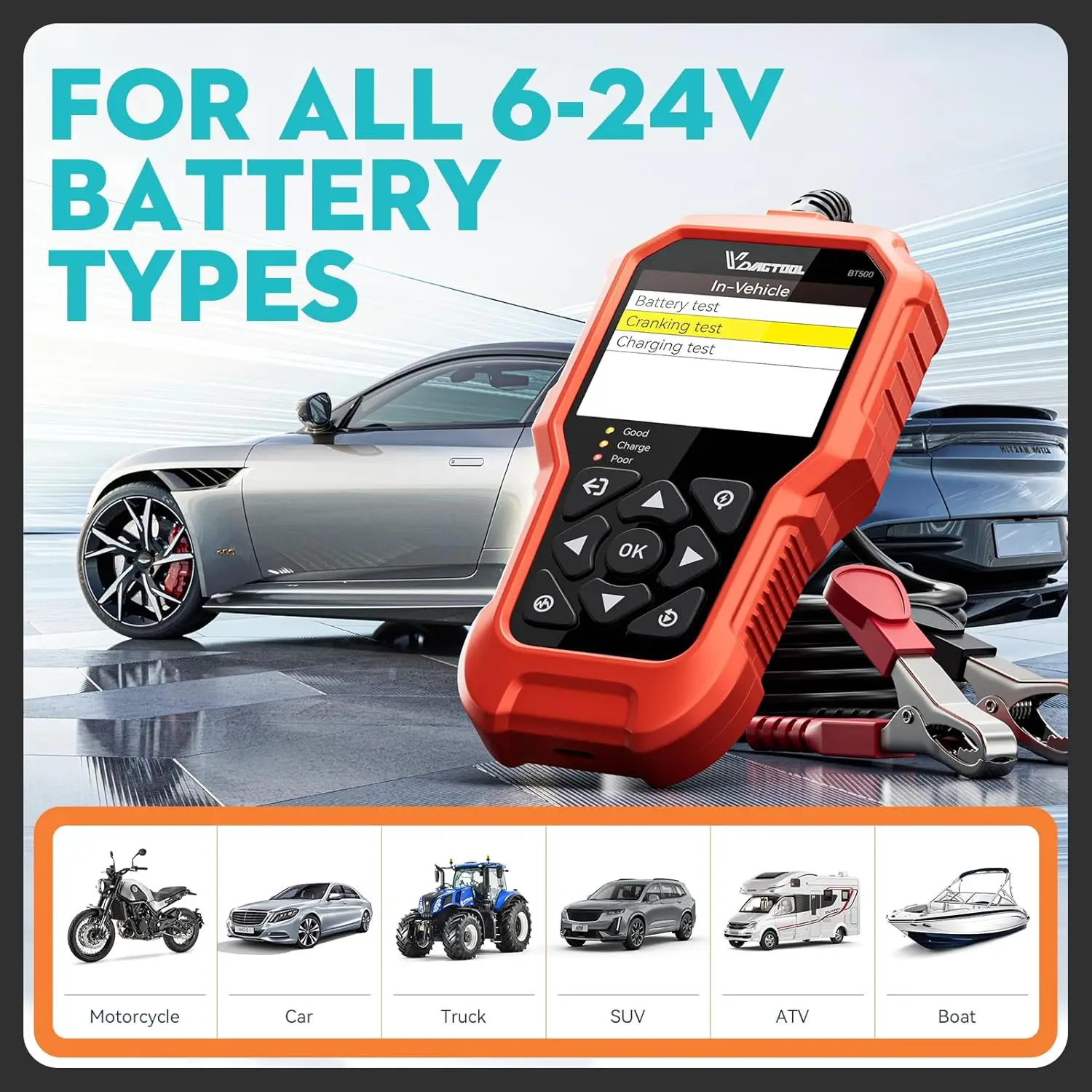 VDIAGTOOL BT500 6V/12V/24V Car Battery Tester 5-3000 CCA Automotive Motorcycle Truck Cranking Charging Scanner Tools