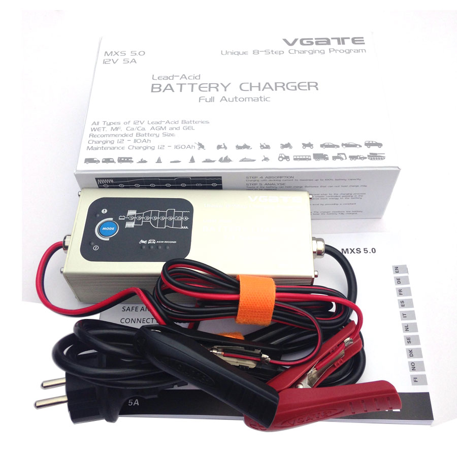 Vgate mxs 5.0 cargador inteligente de batería de plomo ácido 12v 5a totalmente automático, con compensación de temperatura mxs 5