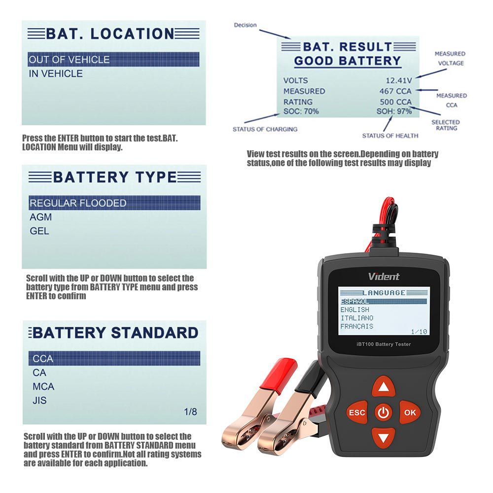 Vident iBT100 12V Battery Analyzer for Flooded, AGM,GEL 100-1100CCA Automotive Tester Diagnostic Tool