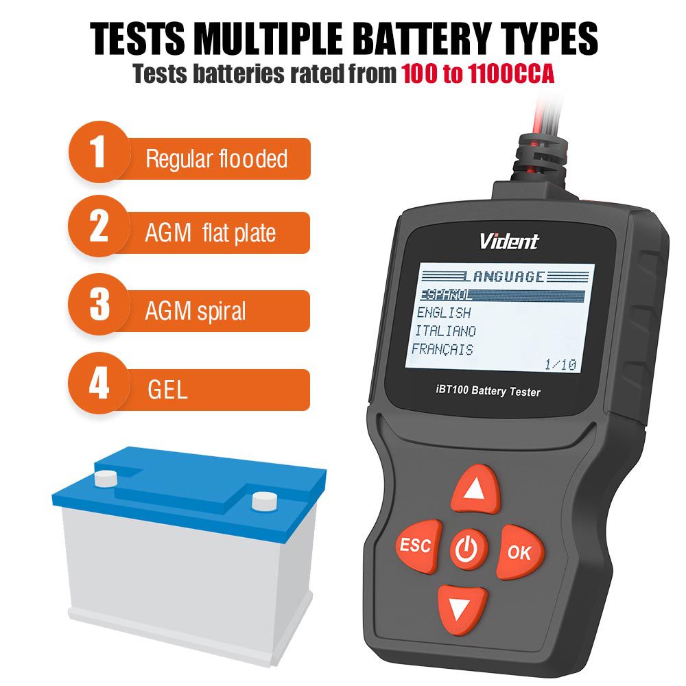 Analizador de batería vident ibt100 12v, adecuado para inundaciones, agm, gel 100 - 1100cca herramientas de diagnóstico de probadores automotrices