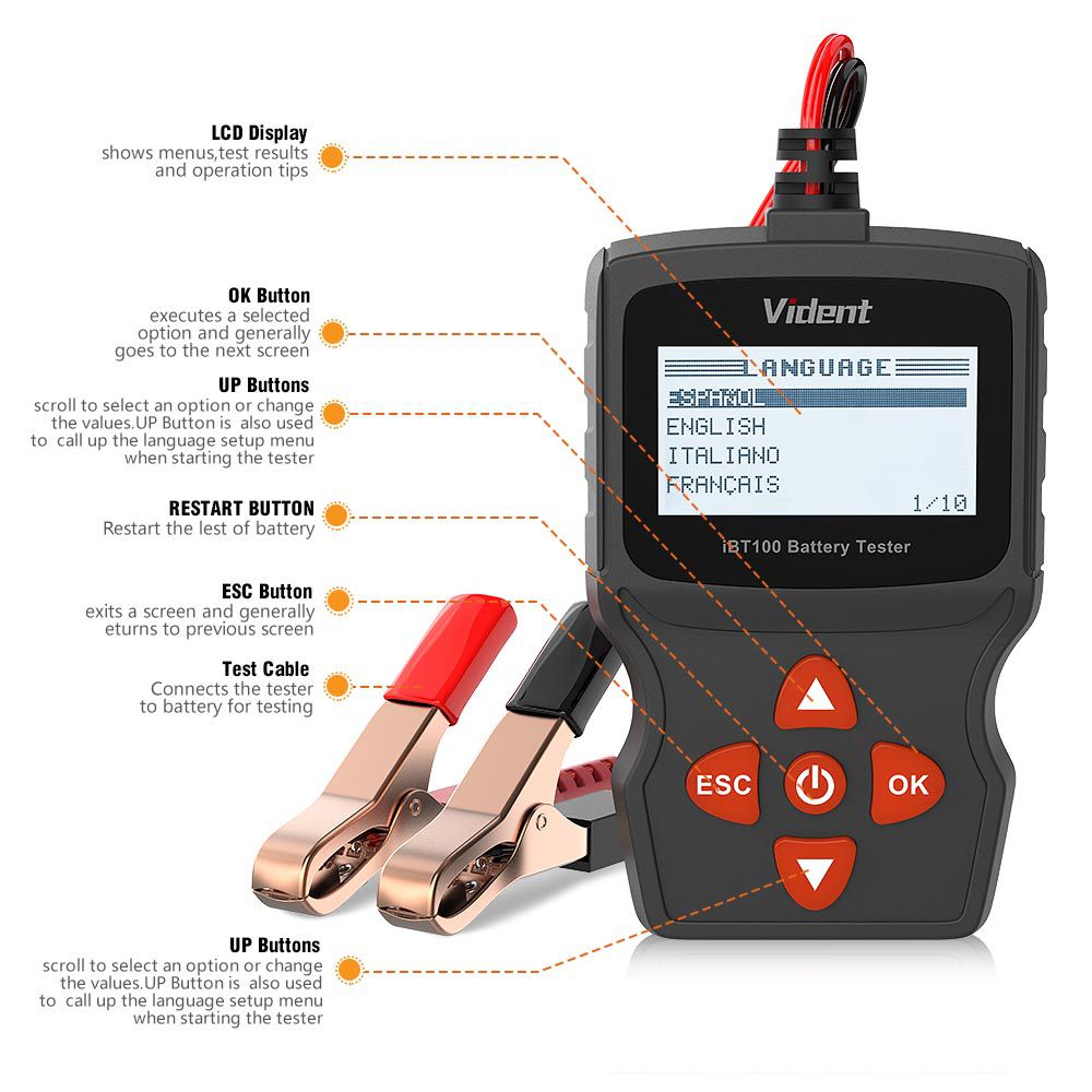 Vident iBT100 12V Battery Analyzer for Flooded, AGM,GEL 100-1100CCA Automotive Tester Diagnostic Tool