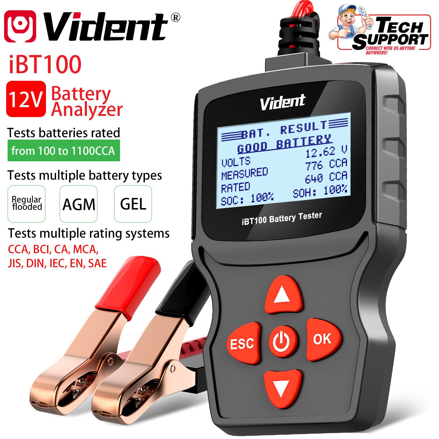 Analizador de batería vident ibt100 12v, adecuado para inundaciones, agm, gel 100 - 1100cca herramientas de diagnóstico de probadores automotrices