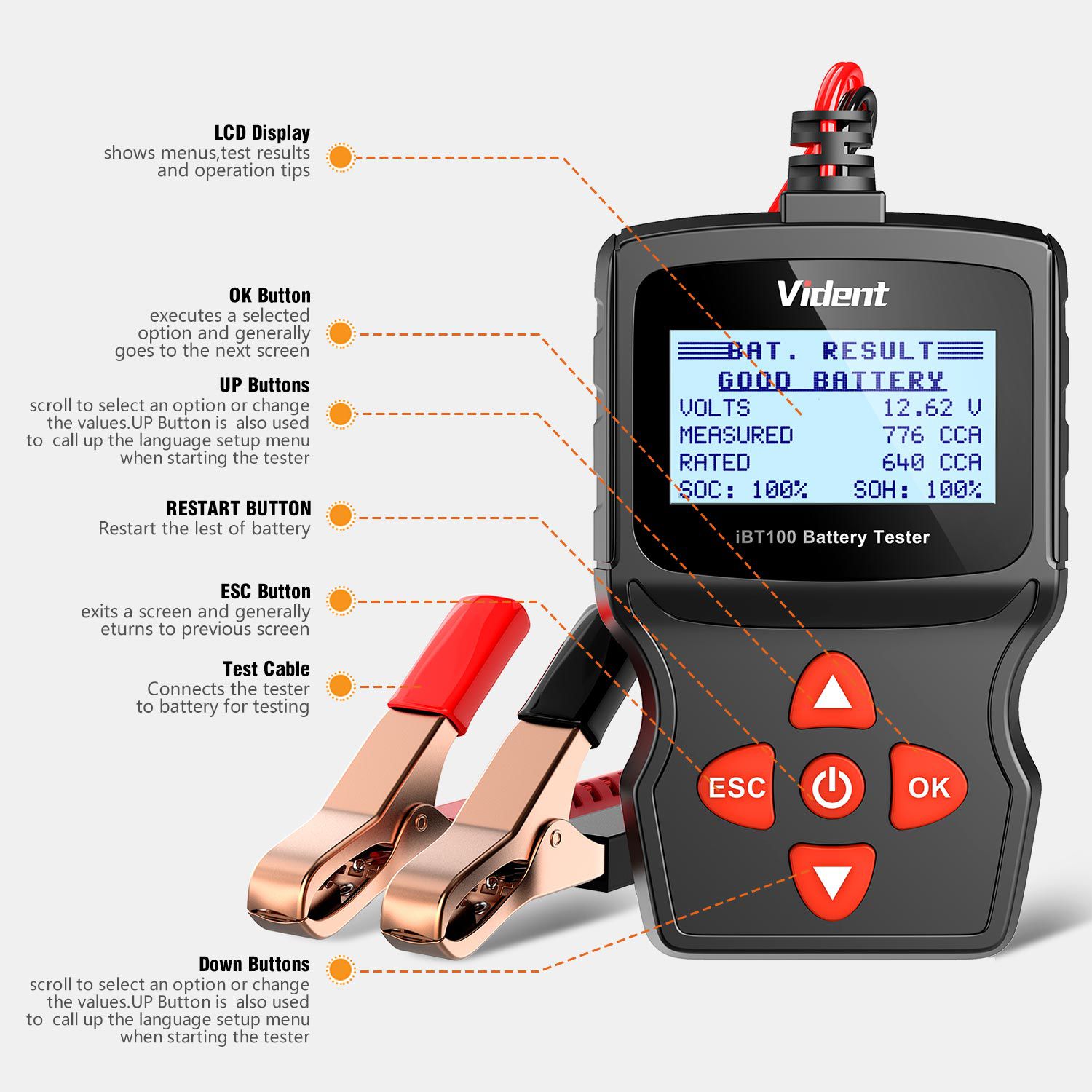 Analizador de batería vident ibt100 12v, adecuado para inundaciones, agm, gel 100 - 1100cca herramientas de diagnóstico de probadores automotrices