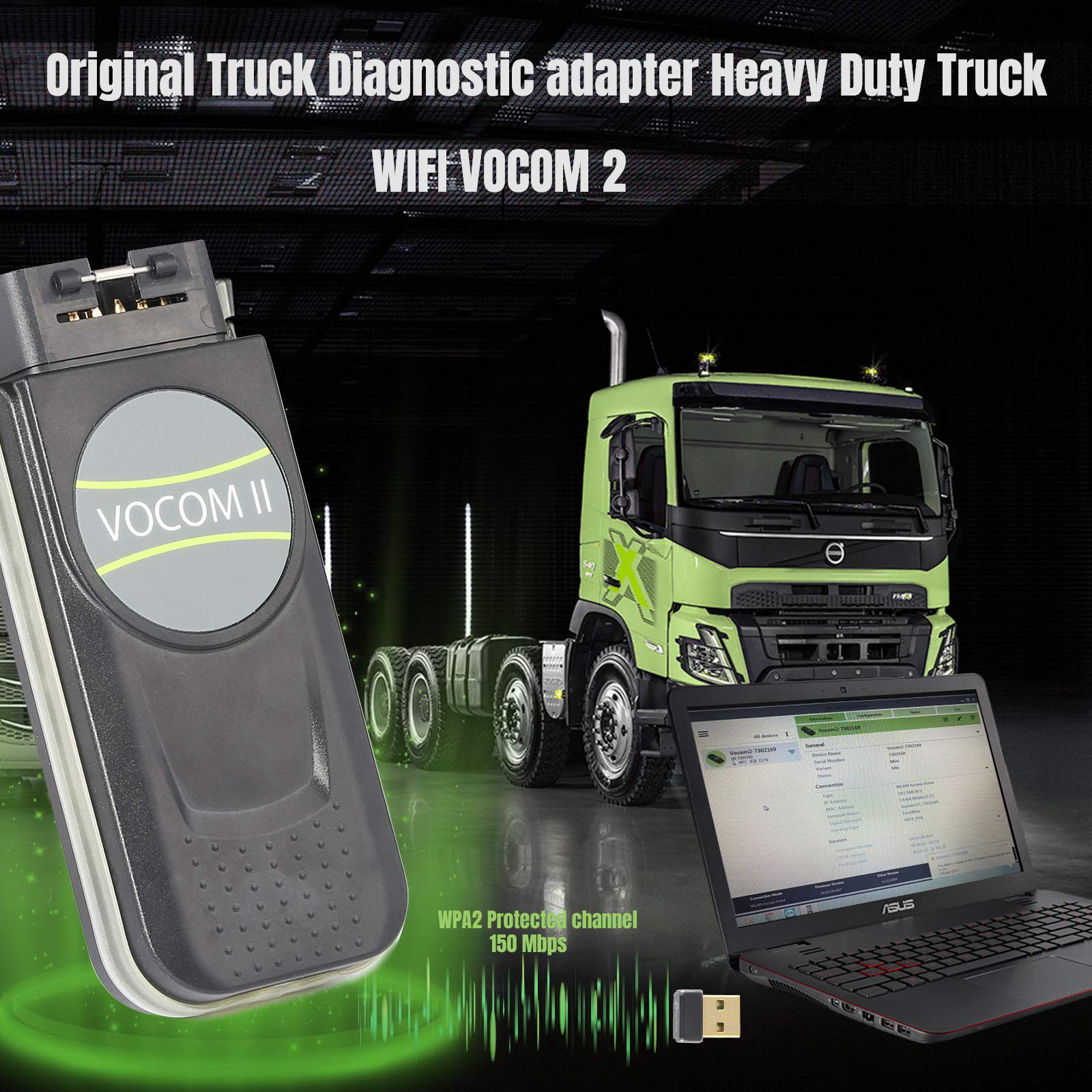 El original mini Volvo vocom II Adapter 88894200 truck Diagnosis Tool admite el trabajo WiFi del camión Volvo / Renault / ud / Mack