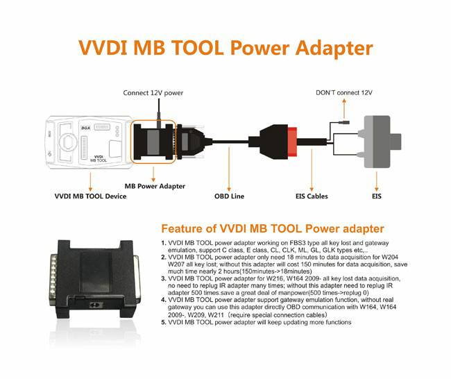 El conector de alimentación de la herramienta vvdi MB se utiliza junto con vvdi Mercedes para la adquisición de datos