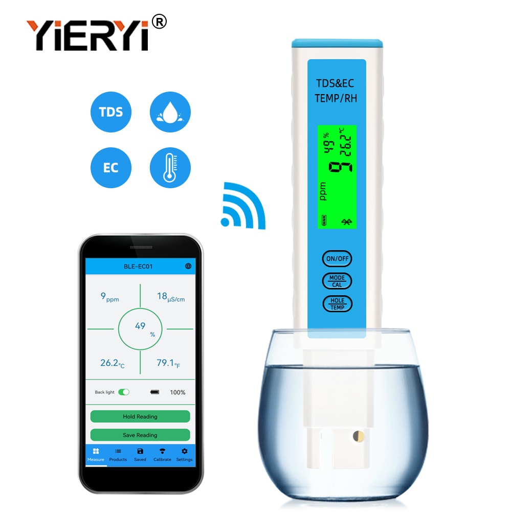 Yili 4 en 1 EC / TDS / termómetro compatible con bluetooth app detector de calidad del agua en línea ATC para beber en acuarios