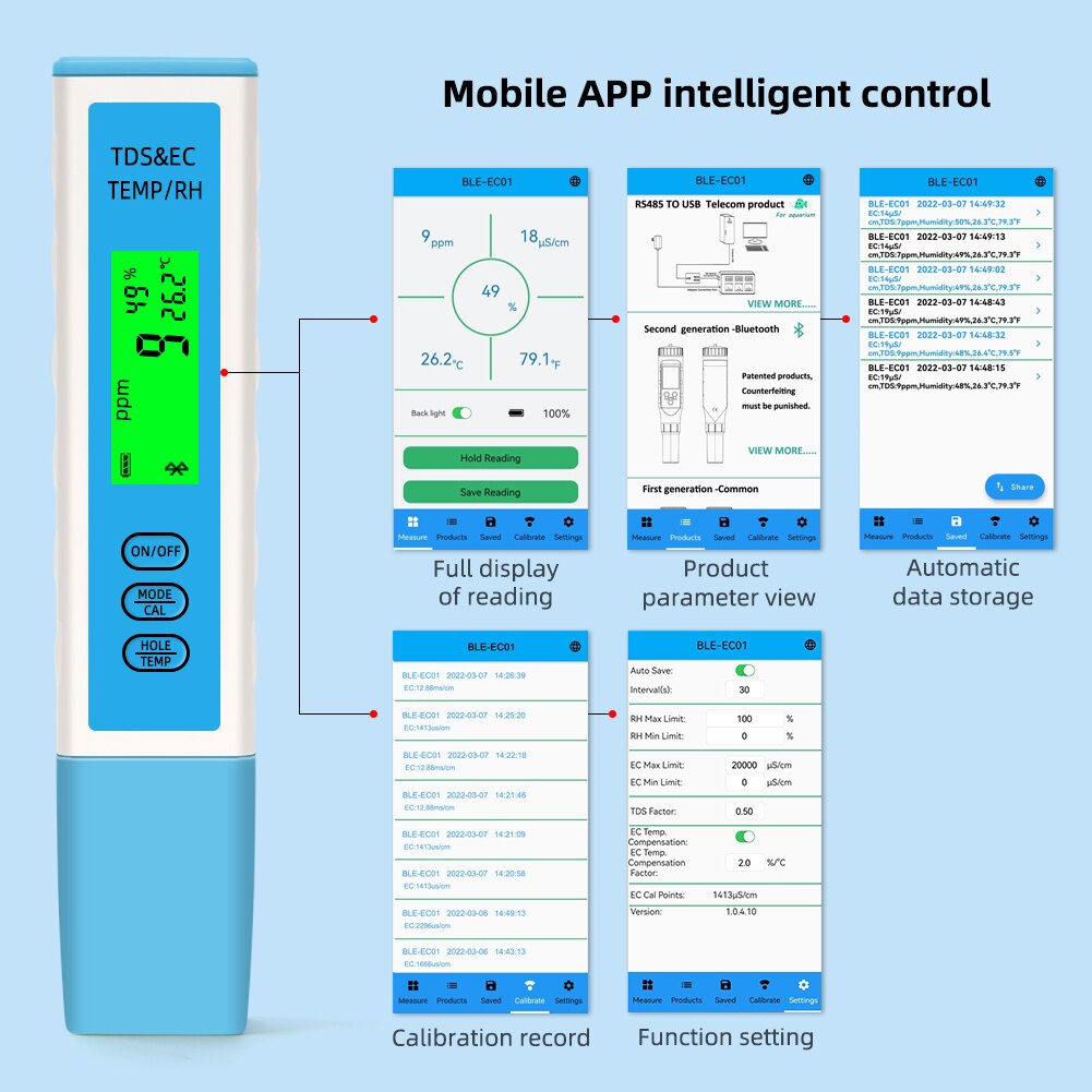 Yieryi 4 in 1 EC/TDS/Temperature/Humidity Meter Bluetooth-Compatible APP Online Water Quality Tester ATC For Aquarium Drinking