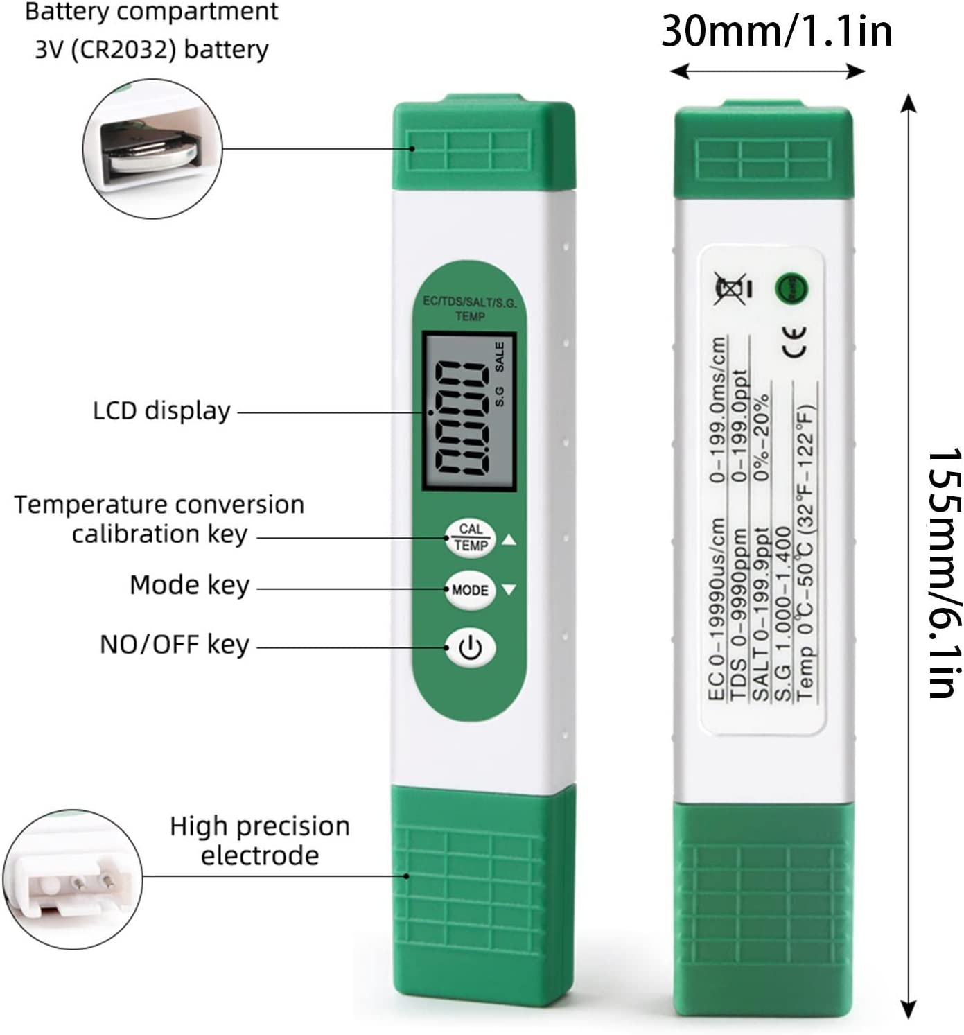 Water Tester Pen LCD Display Water Tester EC TDS Temp Meter 5-in-1 Multifunctional High Accuracy Water Test Meter for Hydropon