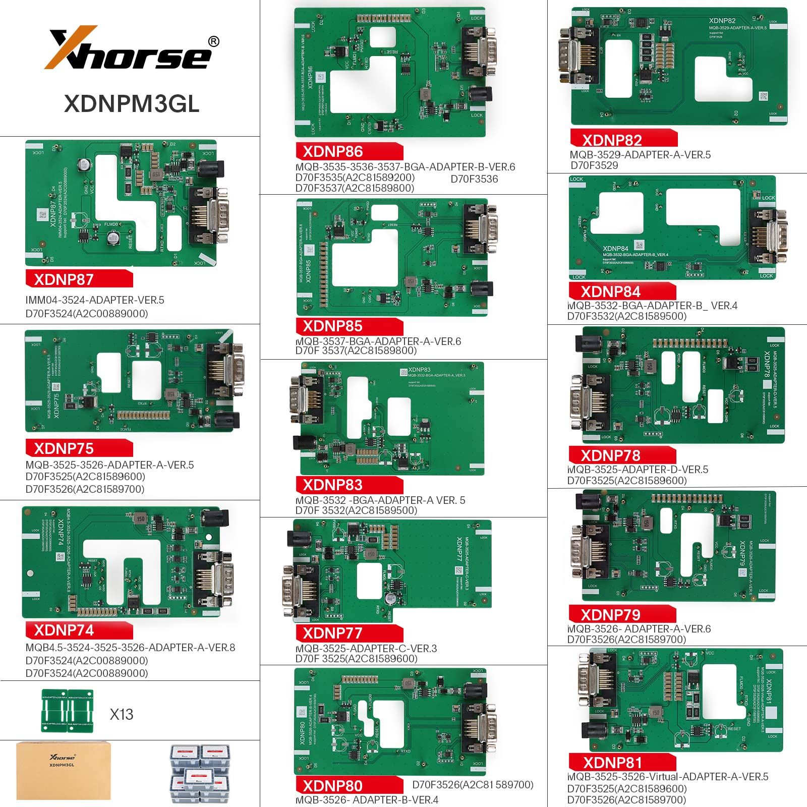 Xhorse Multi Prog Multi-Prog Programmer with MQB48 XDNPM3GL 13pcs Set Solder-Free Adapters