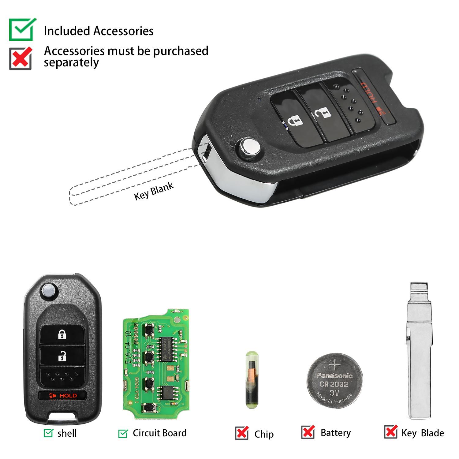 Xhorse xkho02en llave de control remoto por cable honda Flip 2 + 1 botón versión en inglés 5 piezas / lote